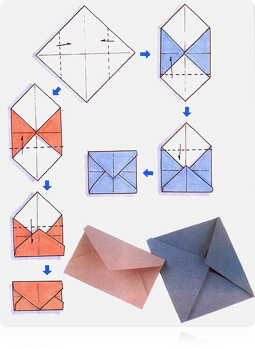 Уважліва разгледзь схему складання канверта ў тэхніцы арыгамі.