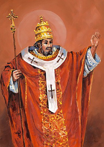 W ikonografii św. Leon Wielki
jest przedstawiany w szatach papieskich oraz tiarze, czasami w szatach liturgicznych rytu wschodniego lub jako papież
piszący. Jego atrybutami są księga,
kielich oraz orszak z półksiężycem,
któremu zastępuje drogę. lew